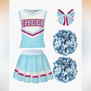 NWT Cheerleader Costume Set- Blue and Pink Pom poms, top skirt hair clip 8-10
